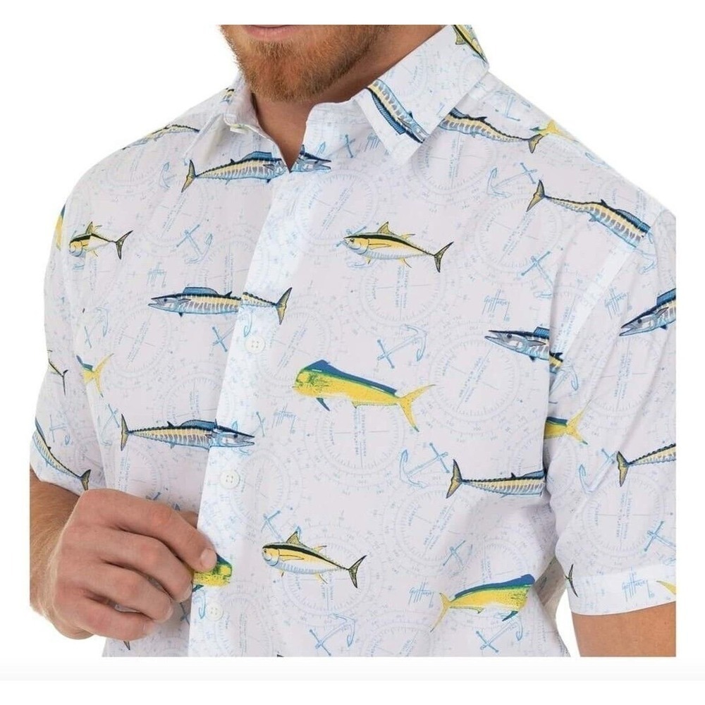 Men's Guy Harvey Button Up Short Sleeve Fish Shirt Size XXL Baggy 2XL